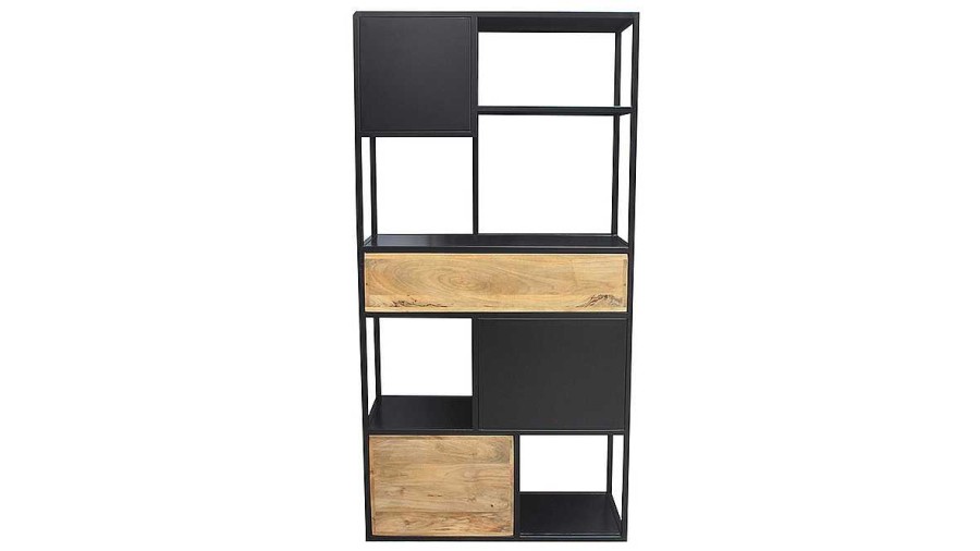 Bureau Miliboo | Biblioth Que En M Tal Noir Et Bois Manguier Massif L90 Cm Jaipur