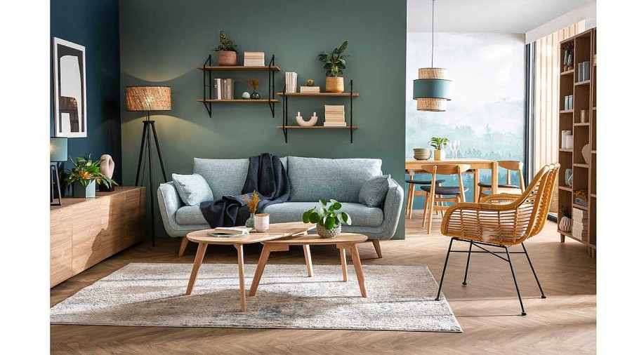 Canap & Fauteuil Miliboo Canap Design | Canap Scandinave 3 Places En Tissu Bleu Glacier Et Bois Clair Creep