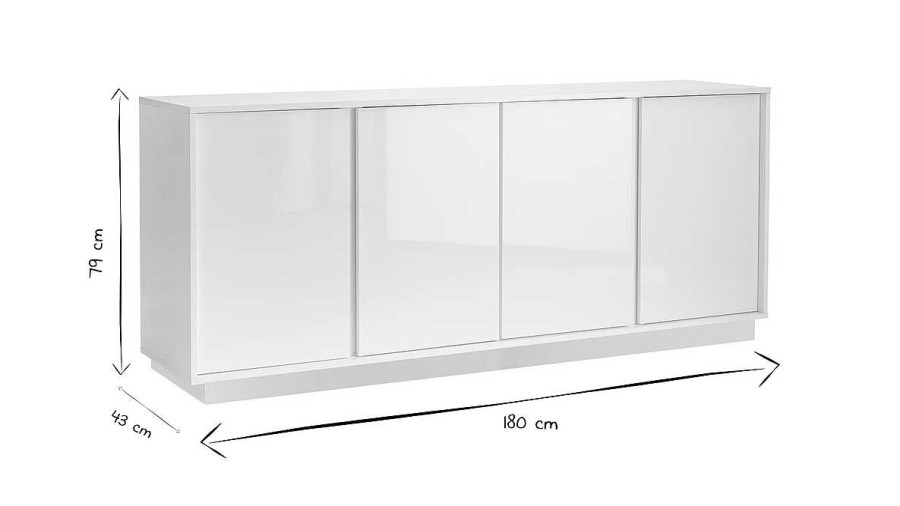 Rangement Miliboo | Buffet Design Finition Blanc Laqu Brillant 4 Portes L180 Cm Como