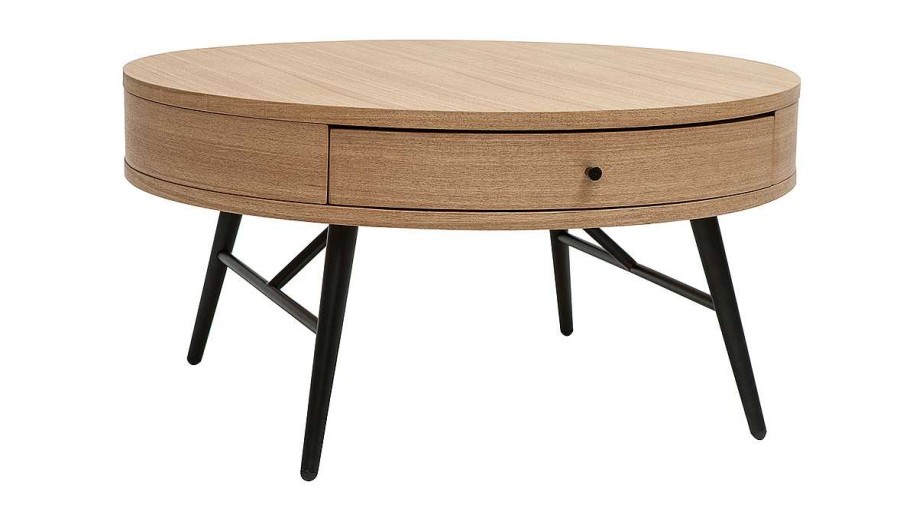 Table Miliboo | Table Basse Ronde Avec Tiroir Bois Clair Et M Tal Noir D82 Cm Koral