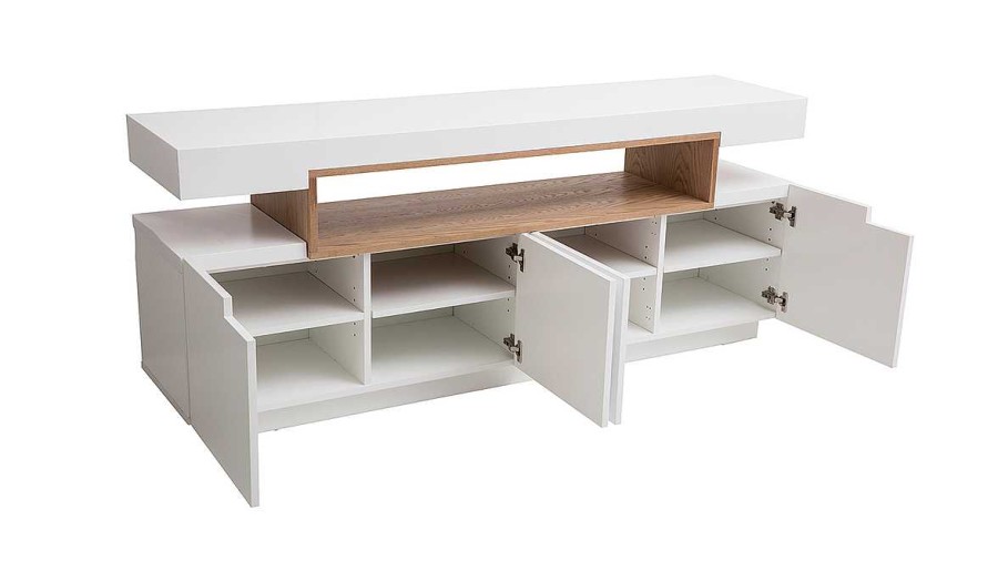 Rangement Miliboo | Buffet Scandinave Blanc Mat Et Bois 4 Portes L180 Cm Livo