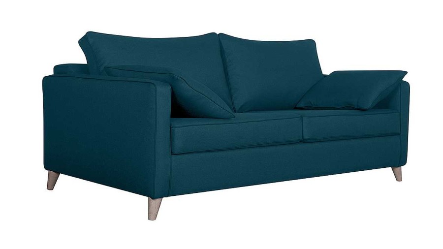 Canap & Fauteuil Miliboo Canap Convertible | Canap Convertible Scandinave 3 Places En Tissu Bleu Canard Et Bois Clair Avec Matelas 10 Cm Papel