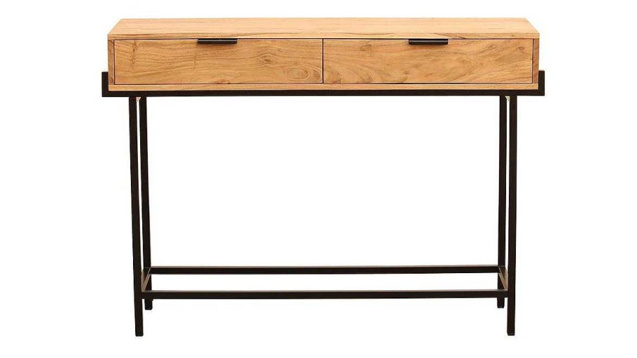 Table Miliboo | Console Avec Rangements 2 Tiroirs En Bois Clair Massif Et M Tal Noir L110 Cm Temuco