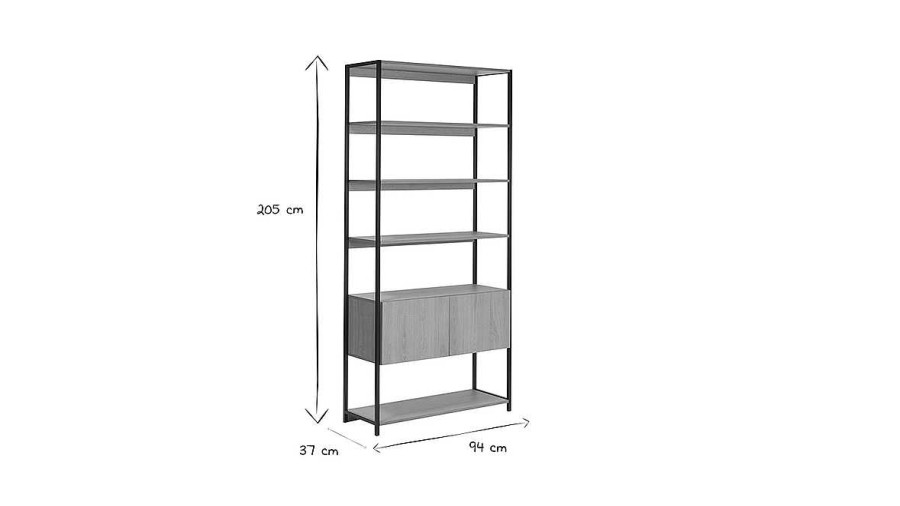 Bureau Miliboo | Biblioth Que Tag Re Avec Rangement Ferm Finition Bois Clair Ch Ne Et M Tal Noir L94 Cm Flea