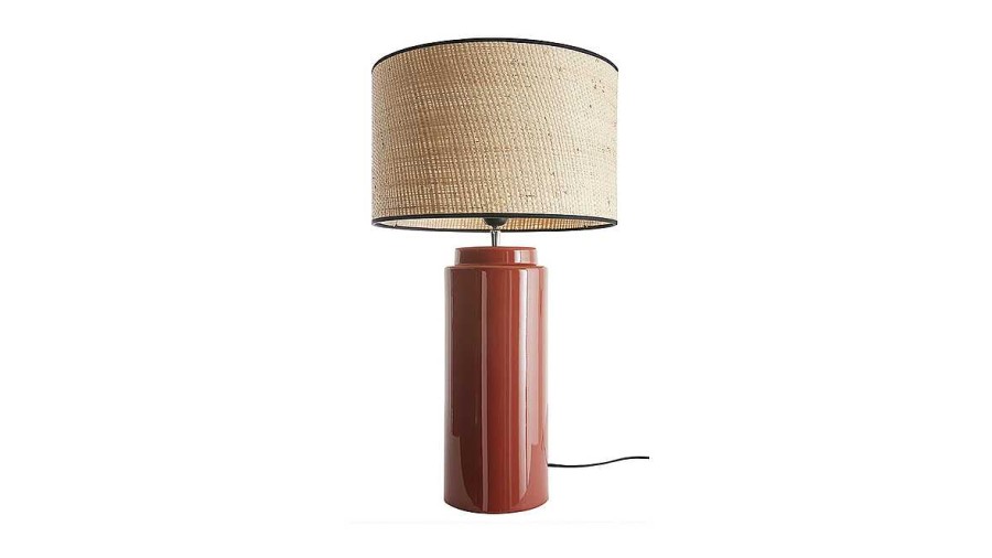 Luminaire Miliboo | Lampe Poser En C Ramique Maill E Terracotta Et Abat-Jour En Raphia Naturel H64 Cm Majes