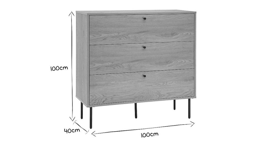 Rangement Miliboo | Commode Finition Bois Clair Ch Ne Et Pieds M Tal Noir 3 Tiroirs L100 Cm Pernelle