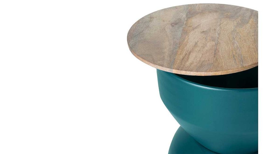 Table Miliboo | Table D'Appoint Ronde Design Avec Rangement En M Tal Bleu Canard Et Bois Manguier Massif D30 Cm Yoyo