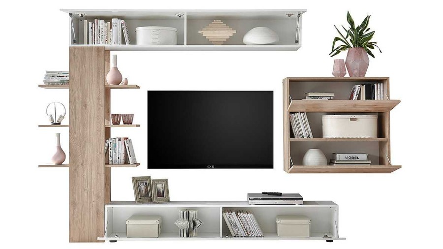 Rangement Miliboo Meuble Tv Design | Composition Tv Murale Bois Clair Et Blanc L184 Cm Eternel