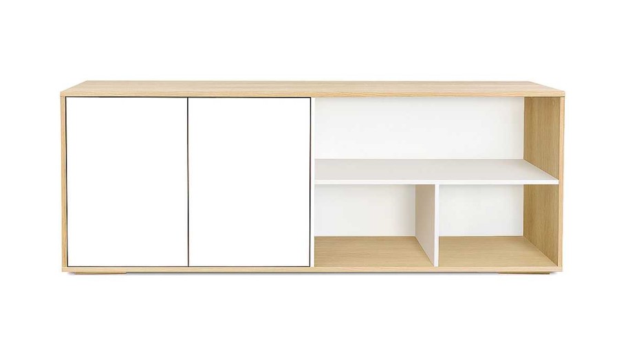 Bureau Miliboo | Buffet Bas Scandinave Blanc Et Bois Clair Ch Ne Massif L190 Cm Ezia