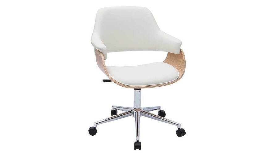 Chaise & Tabouret Miliboo | Chaise De Bureau Roulettes Design Blanc, Bois Clair Et Acier Chrom Hansen