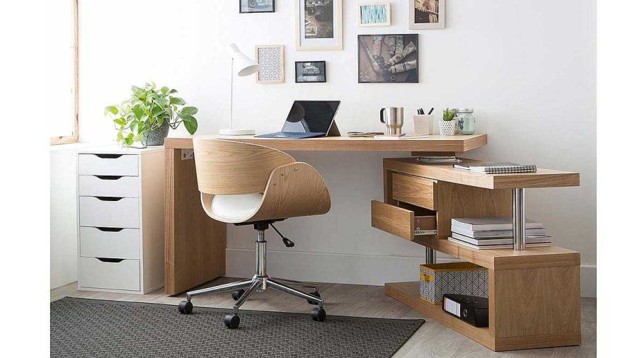 Chaise & Tabouret Miliboo | Chaise De Bureau Roulettes Design Blanc, Bois Clair Et Acier Chrom Bent