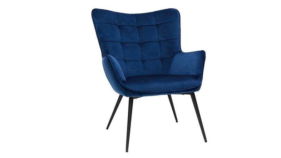 Canap & Fauteuil Miliboo Fauteuil Design | Fauteuil Avec Repose-Pieds Design En Tissu Velours Bleu Fonc Et M Tal Noir Mood