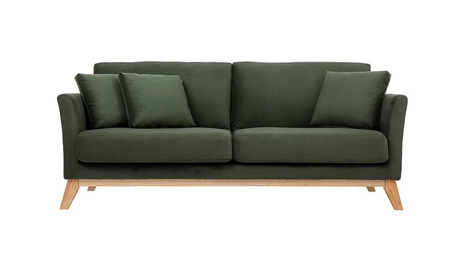 Canap & Fauteuil Miliboo Canap Design | Canap Scandinave D Houssable 3 Places En Tissu Effet Velours Vert Kaki Et Bois Clair Oslo