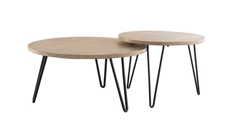 Table Miliboo | Tables Basses Gigognes Rondes Bois Manguier Massif Et M Tal Noir (Lot De 2) Vibes