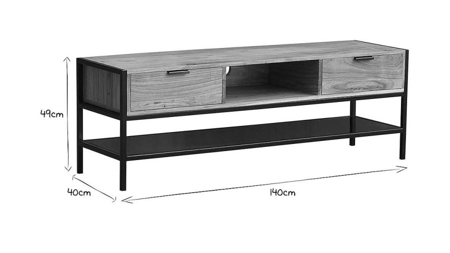 Rangement Miliboo Meuble Tv Design | Meuble Tv En Bois Massif Et M Tal Noir 2 Tiroirs 140Cm Arthus