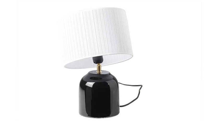 Luminaire Miliboo | Lampe Poser Noire En C Ramique Brillante Et Abat-Jour En Tissu Pliss Blanc H35 Cm Piega