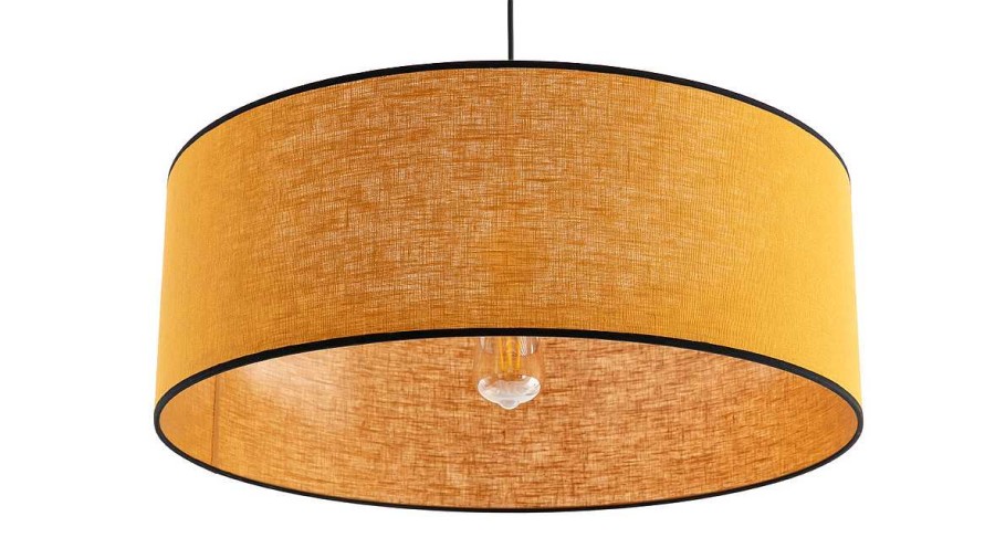 Luminaire Miliboo | Suspension Cylindrique En Lin Jaune Moutarde Et Rabane Naturelle D50 Cm Traves