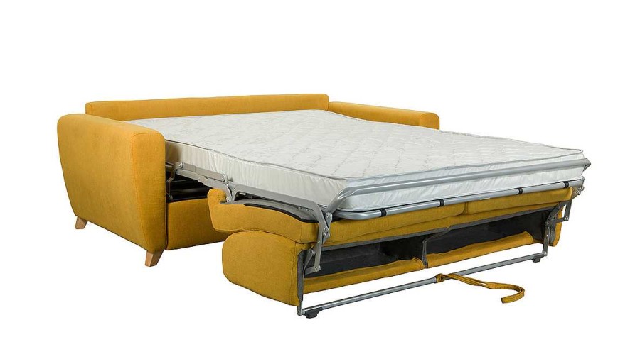 Canap & Fauteuil Miliboo Canap Convertible | Canap Convertible 3 Places En Tissu Jaune Moutarde Et Bois Clair Avec Matelas L140 Cm 12 Cm Graham