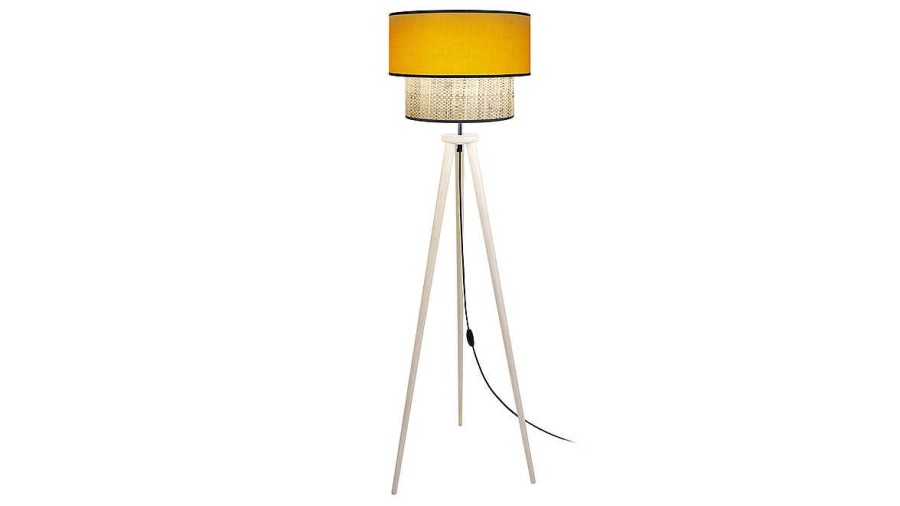 Luminaire Miliboo | Lampadaire Avec Abat-Jour Bi-Mati Re En Jute Naturel, Tissu Jaune Moutarde Et Bois Clair Massif H162 Cm Chill