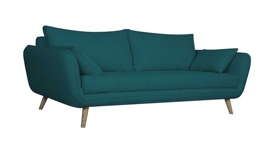 Canap & Fauteuil Miliboo Canap Design | Canap Scandinave 3 Places En Tissu Bleu Paon Et Bois Clair Creep