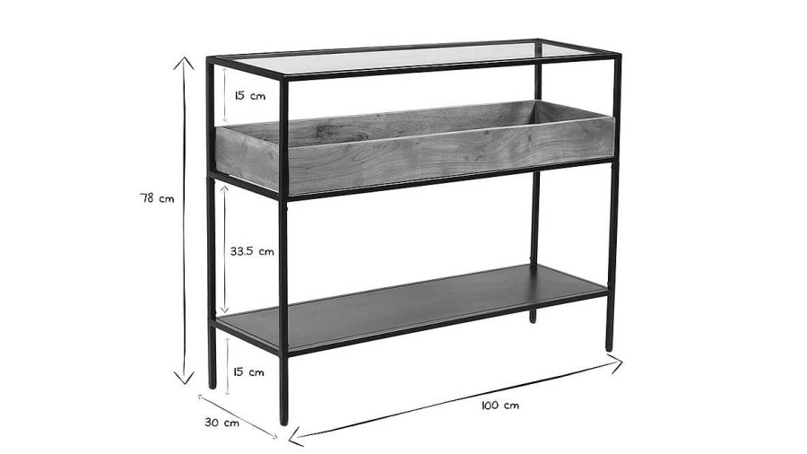 Table Miliboo | Console Avec Plateau En Verre, Rangement En Bois Massif Et M Tal Noir L100 Cm Haora