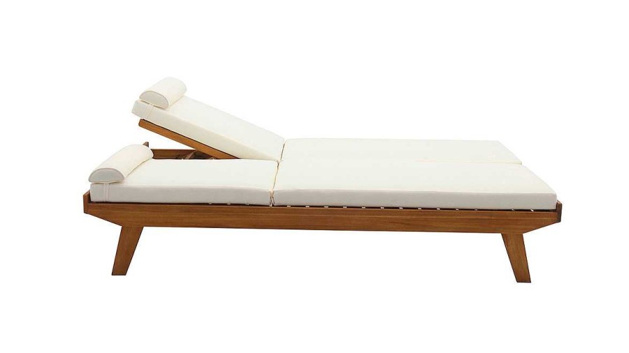 Jardin Miliboo | Bain De Soleil Double Avec Dossiers Multipositions Blanc Et Bois Massif L127 Cm Caracas