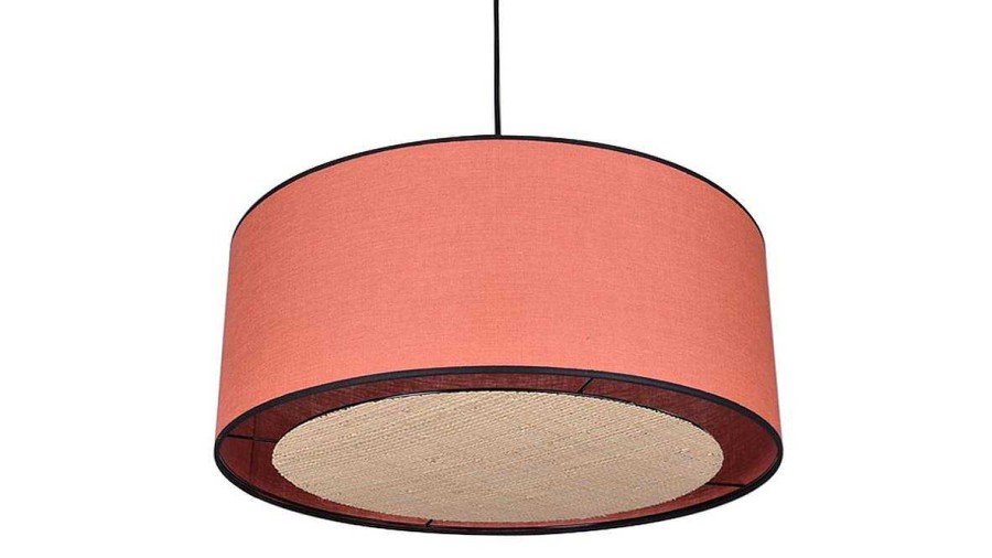 Luminaire Miliboo | Suspension Cylindrique En Lin Brique Et Rabane Naturelle D50 Cm Traves