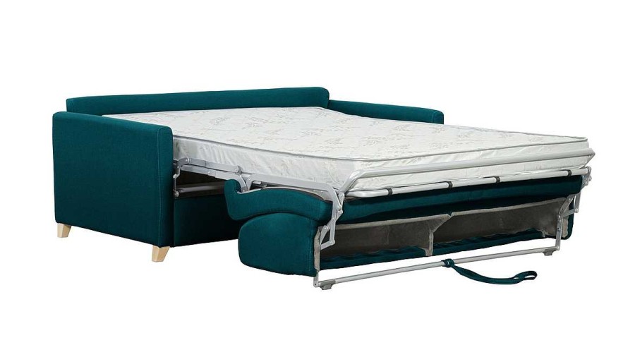 Canap & Fauteuil Miliboo Canap Convertible | Canap Convertible 3 Places En Tissu Bleu Paon Et Bois Clair Avec Matelas 12 Cm Skandy