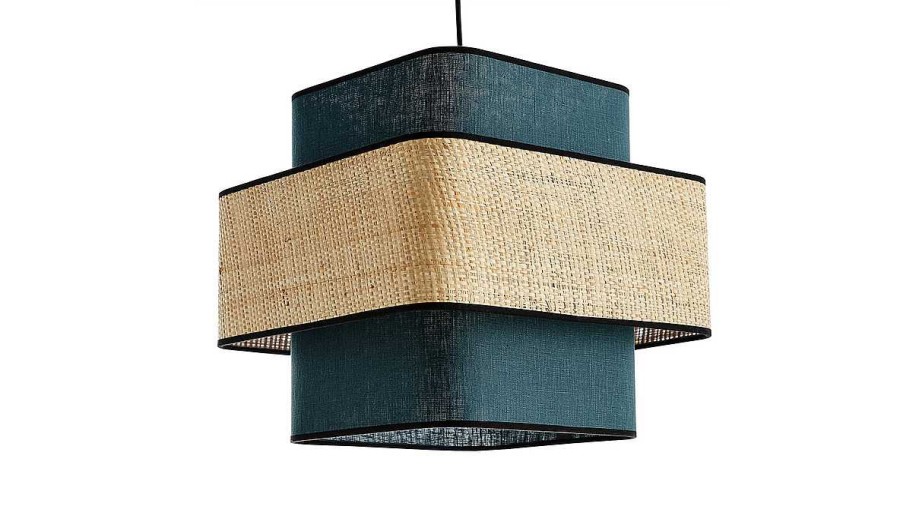 Luminaire Miliboo | Suspension Cube En Lin Bleu Canard Et Rabane Naturelle L35 Cm Tera