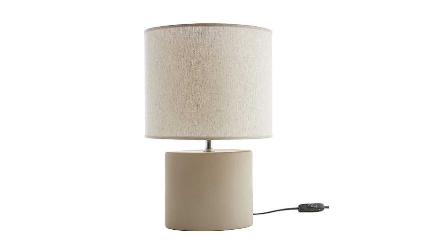 Luminaire Miliboo | Lampe Poser En C Ramique Taupe Mat Et Abat-Jour En Lin Naturel Tiga