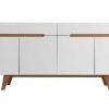 Rangement Miliboo | Buffet Scandinave Blanc Brillant Et Finition Bois Clair 4 Portes 2 Tiroirs L180 Cm Melka