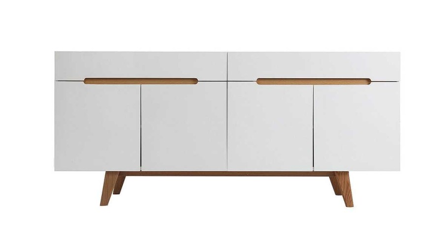 Rangement Miliboo | Buffet Scandinave Blanc Brillant Et Finition Bois Clair 4 Portes 2 Tiroirs L180 Cm Melka