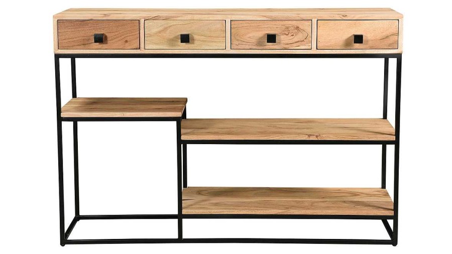 Bureau Miliboo | Console Industrielle Avec Rangements 4 Tiroirs En Bois Massif Et M Tal Noir L115 Cm Grenelle