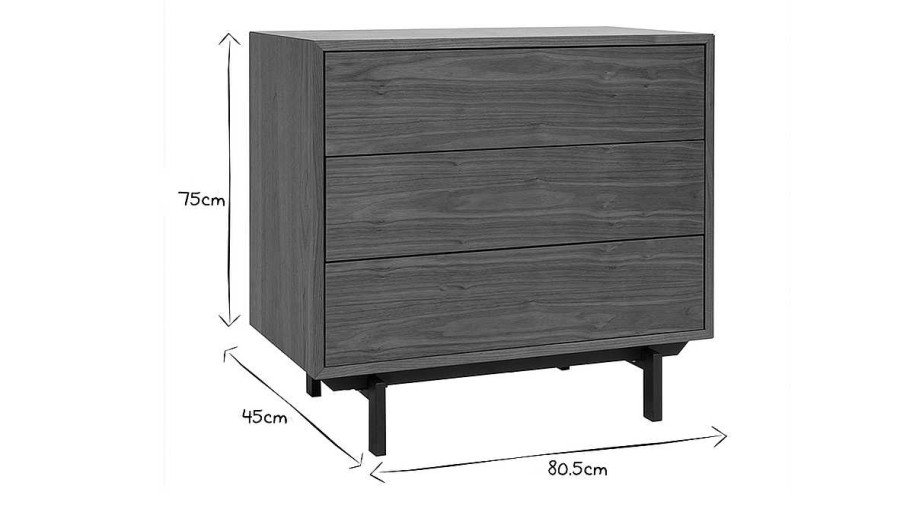 Rangement Miliboo | Commode Vintage En Bois Fonc Noyer Et M Tal Noir 3 Tiroirs L81 Cm Manny