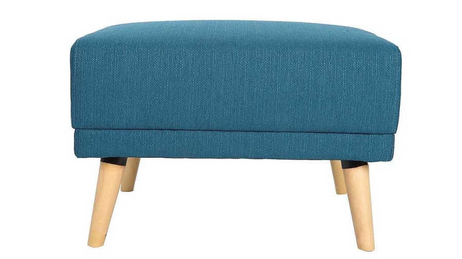 Canap & Fauteuil Miliboo | Pouf Repose-Pieds Scandinave En Tissu Bleu Canard Et Bois Clair Ulla