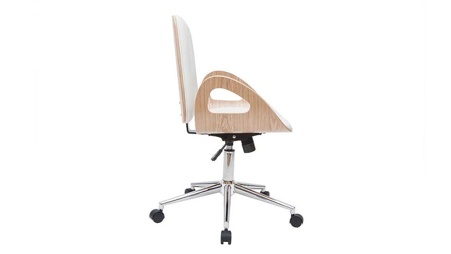 Chaise & Tabouret Miliboo | Chaise De Bureau Roulettes Design Blanc, Bois Clair Et Acier Chrom Glory