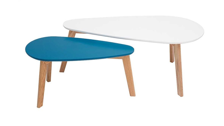 Table Miliboo | Tables Basses Scandinaves Blanc, Bleu Canard Et Bois Clair Ch Ne (Lot De 2) Artik