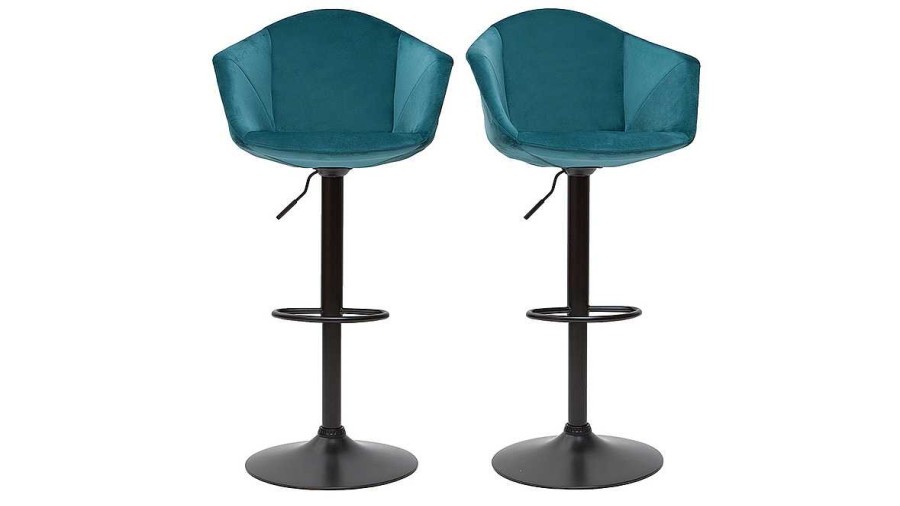 Chaise & Tabouret Miliboo Tabouret De Bar | Tabourets De Bar R Glables Pivotants 360° En Velours Bleu P Trole Et M Tal (Lot De 2) Taya