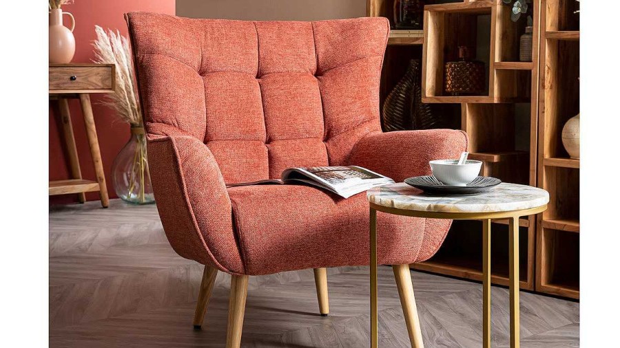 Canap & Fauteuil Miliboo Fauteuil Design | Fauteuil Scandinave En Tissu Effet Velours Textur Terracotta Et Bois Clair Avery