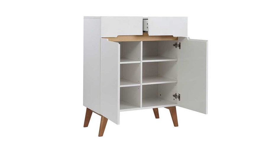 Rangement Miliboo | Buffet Scandinave Blanc Brillant Et Finition Bois Clair 2 Portes 2 Tiroirs L80Cm Melka